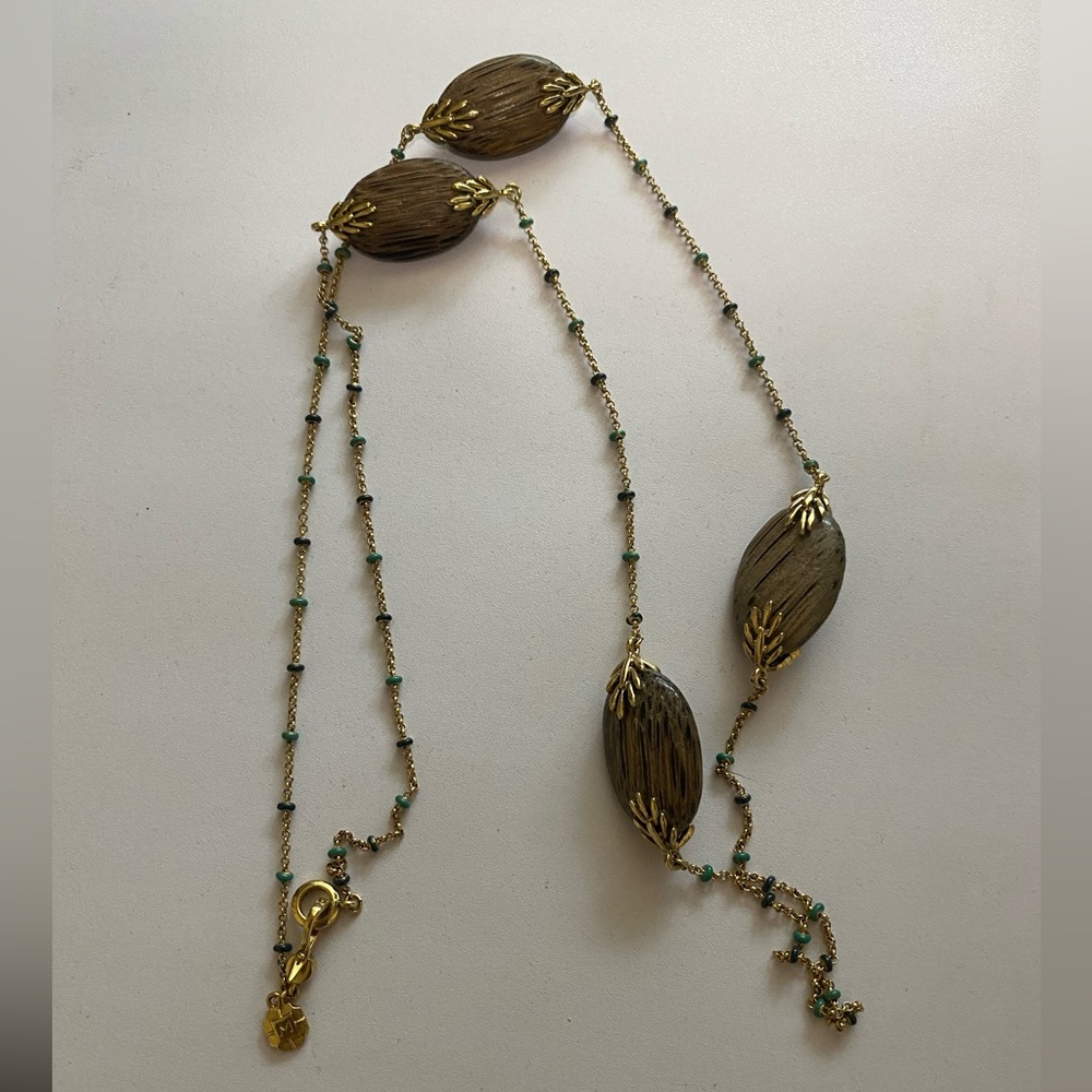 Monet Gold-Tone Necklace with Olive Wood-Effect Beads and Teal Touches